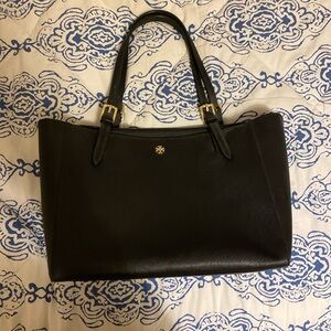 Tory Burch Black Leather Double-Handle Tote with Gold Logo
